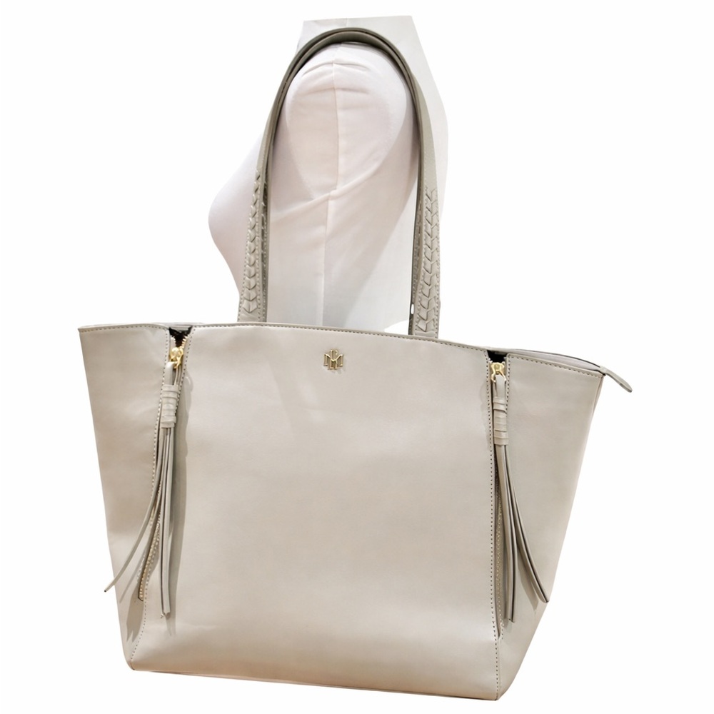 Mark & Hall Taupe Vegan Leather Tote Bag Floral Lining Tassel Shoulder Bag